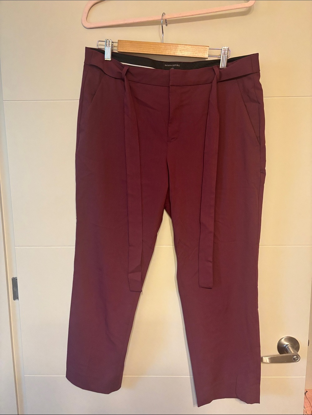 Banana Republic Burgundy Straight-Leg Linen Tie-Waist Pants